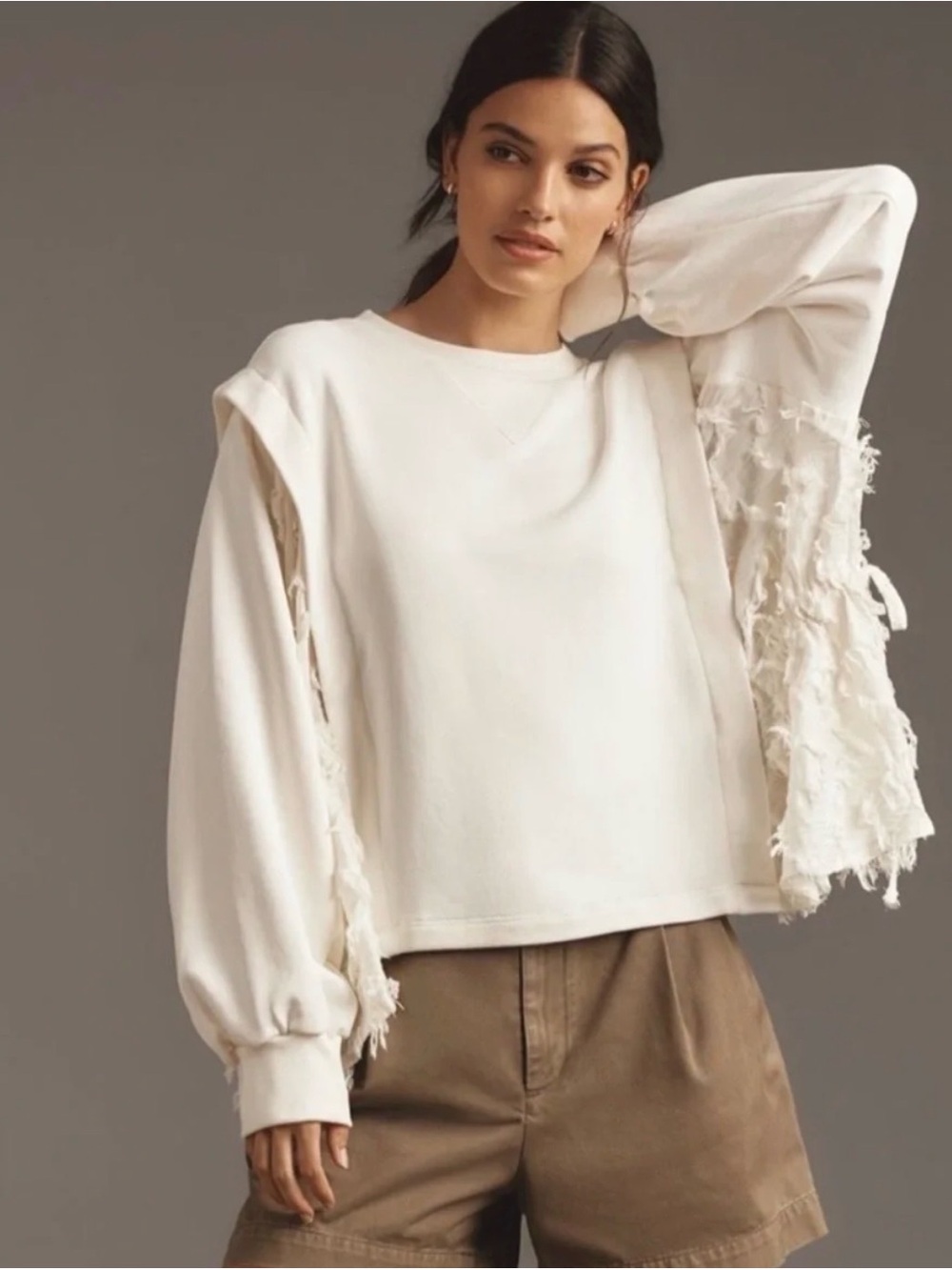 Anthropologie Cream Fringe-Sleeve Sweatshirt